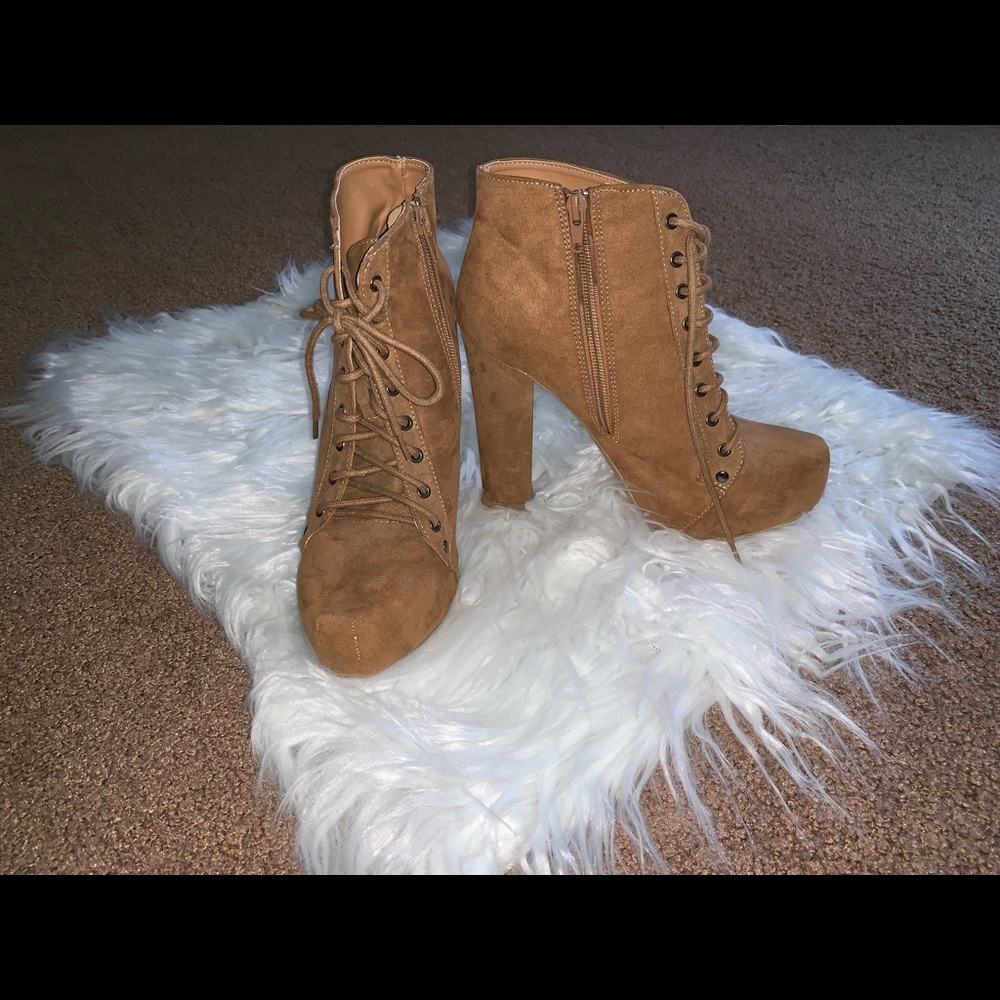 Tan lace up bootie heels